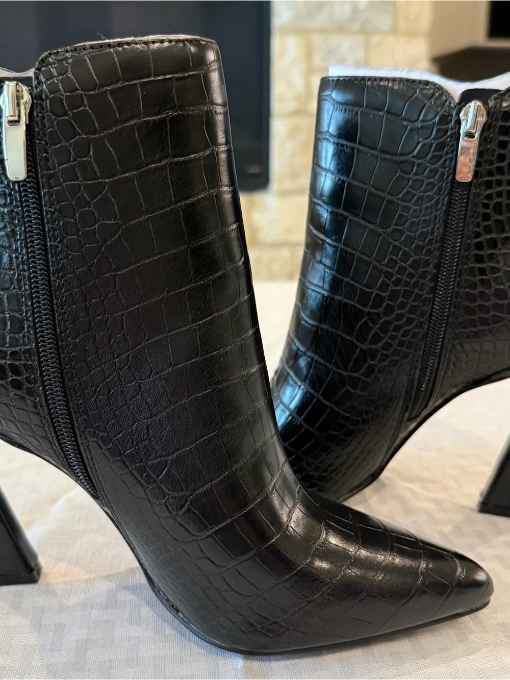 Nine West Black Croc-Embossed Pointed Toe Ankle Boots - Picture 4 of 6